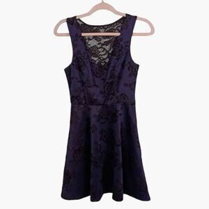 TRIXXI Womens S Dark Blue‎ Floral Dress Fit & Flare Laced Back Scalloped V-Neck